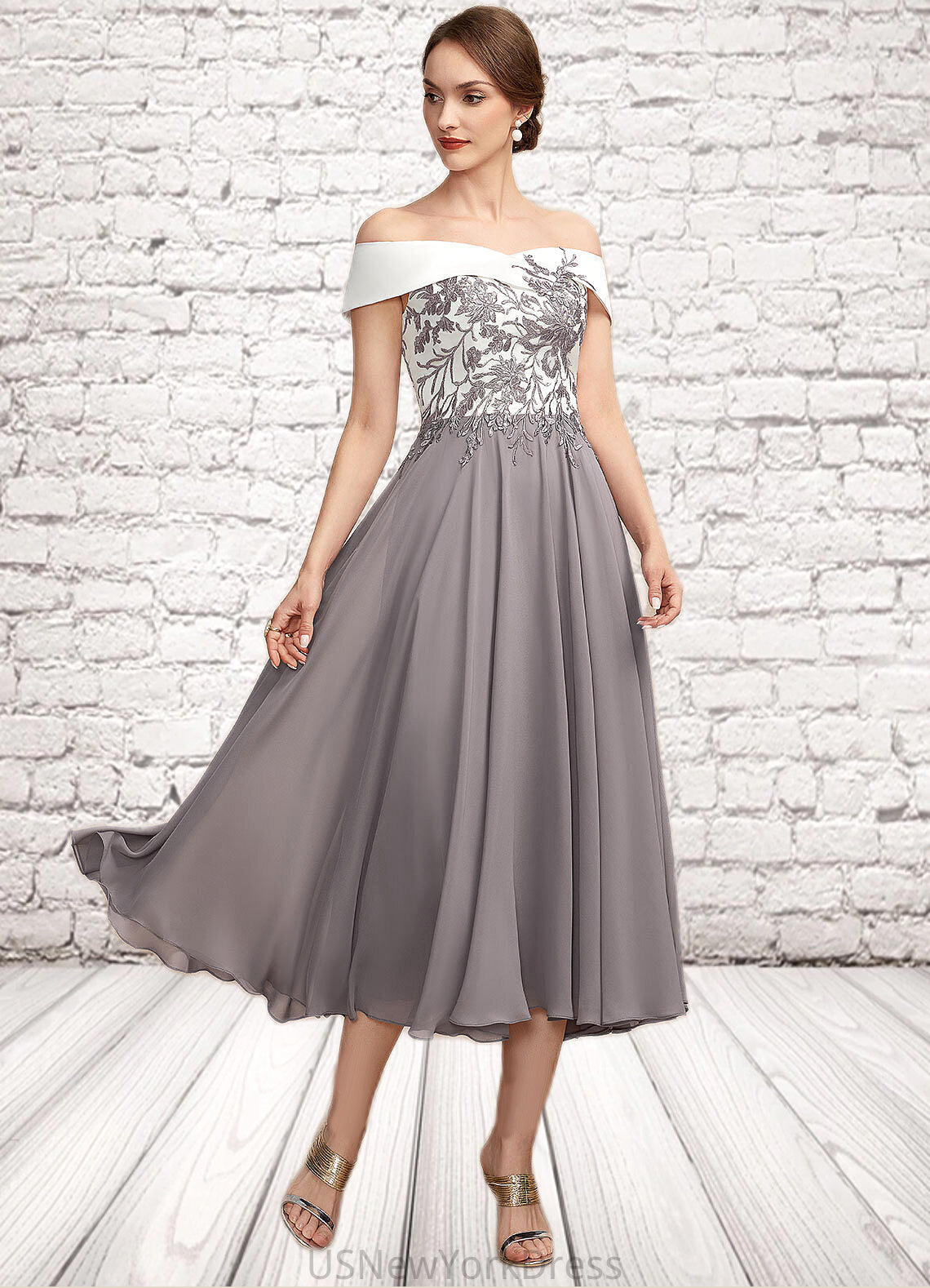 Reyna A-Line Off-the-Shoulder Tea-Length Chiffon Lace Mother of the Bride Dress DJ126P0014680