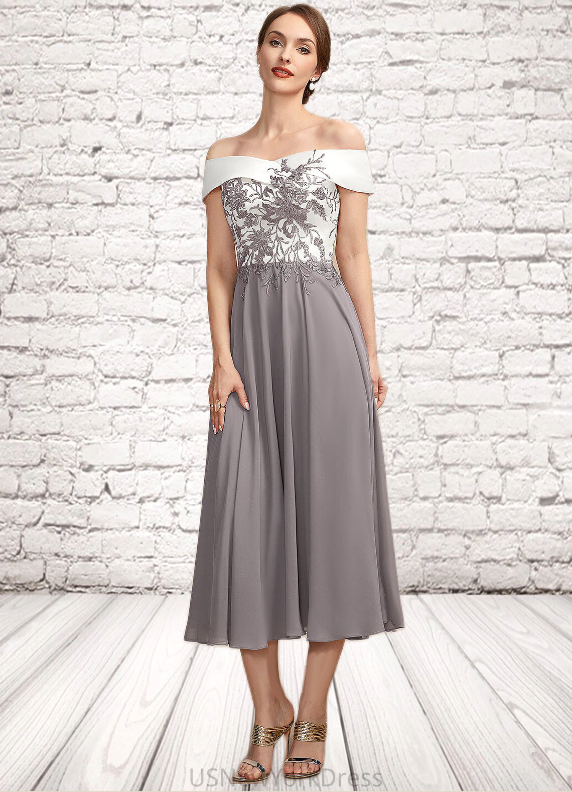 Reyna A-Line Off-the-Shoulder Tea-Length Chiffon Lace Mother of the Bride Dress DJ126P0014680