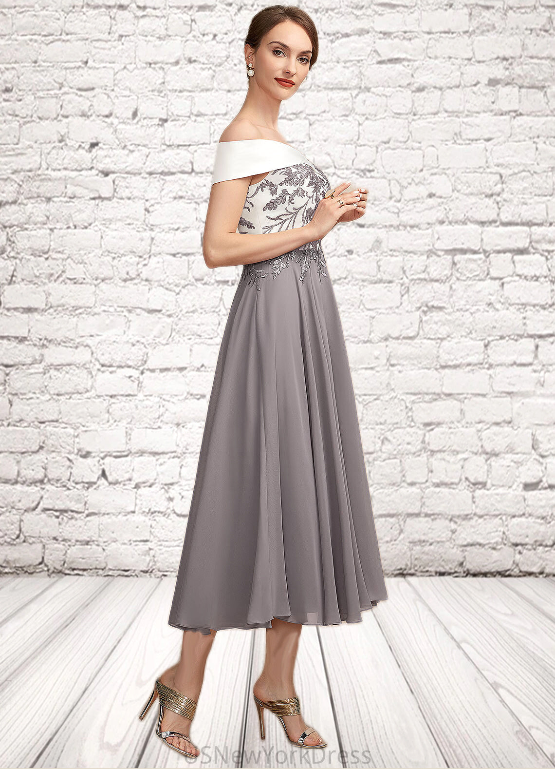 Reyna A-Line Off-the-Shoulder Tea-Length Chiffon Lace Mother of the Bride Dress DJ126P0014680