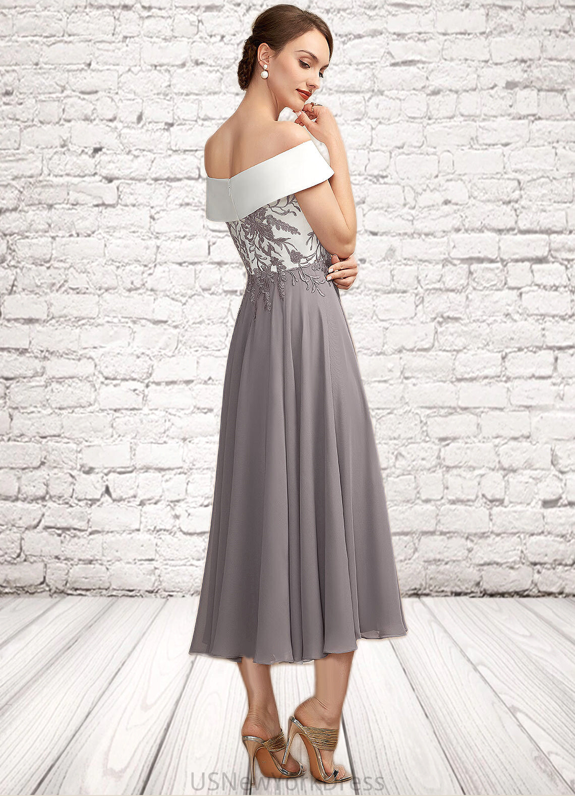 Reyna A-Line Off-the-Shoulder Tea-Length Chiffon Lace Mother of the Bride Dress DJ126P0014680