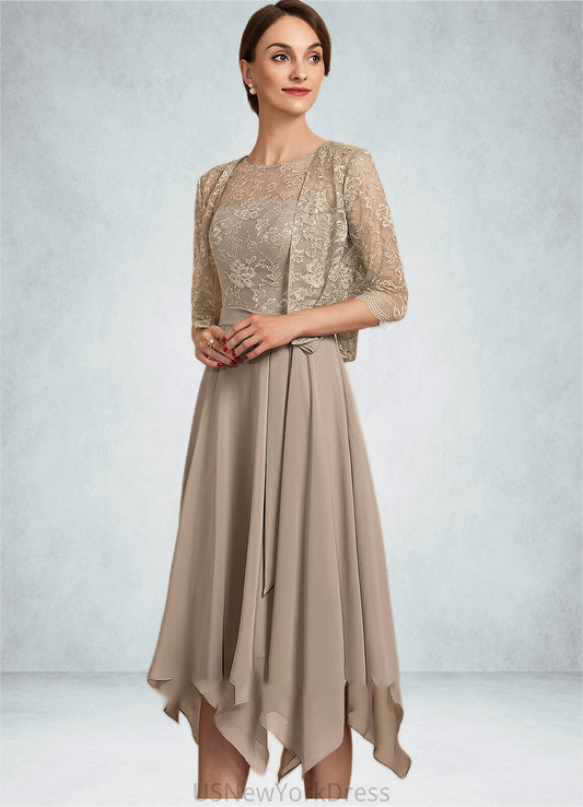 Averi A-Line Scoop Neck Tea-Length Chiffon Lace Mother of the Bride Dress With Bow(s) DJ126P0014681