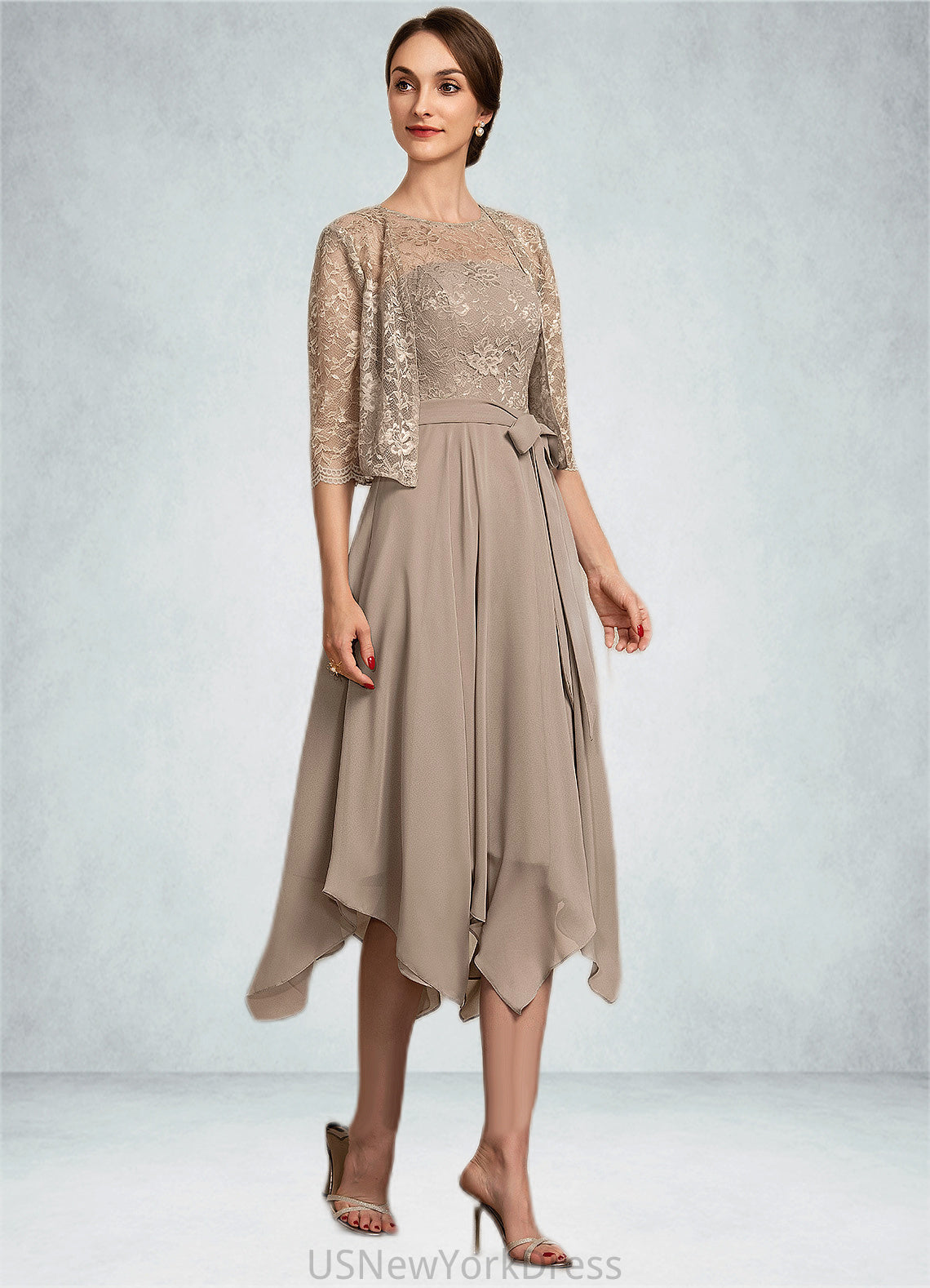 Averi A-Line Scoop Neck Tea-Length Chiffon Lace Mother of the Bride Dress With Bow(s) DJ126P0014681