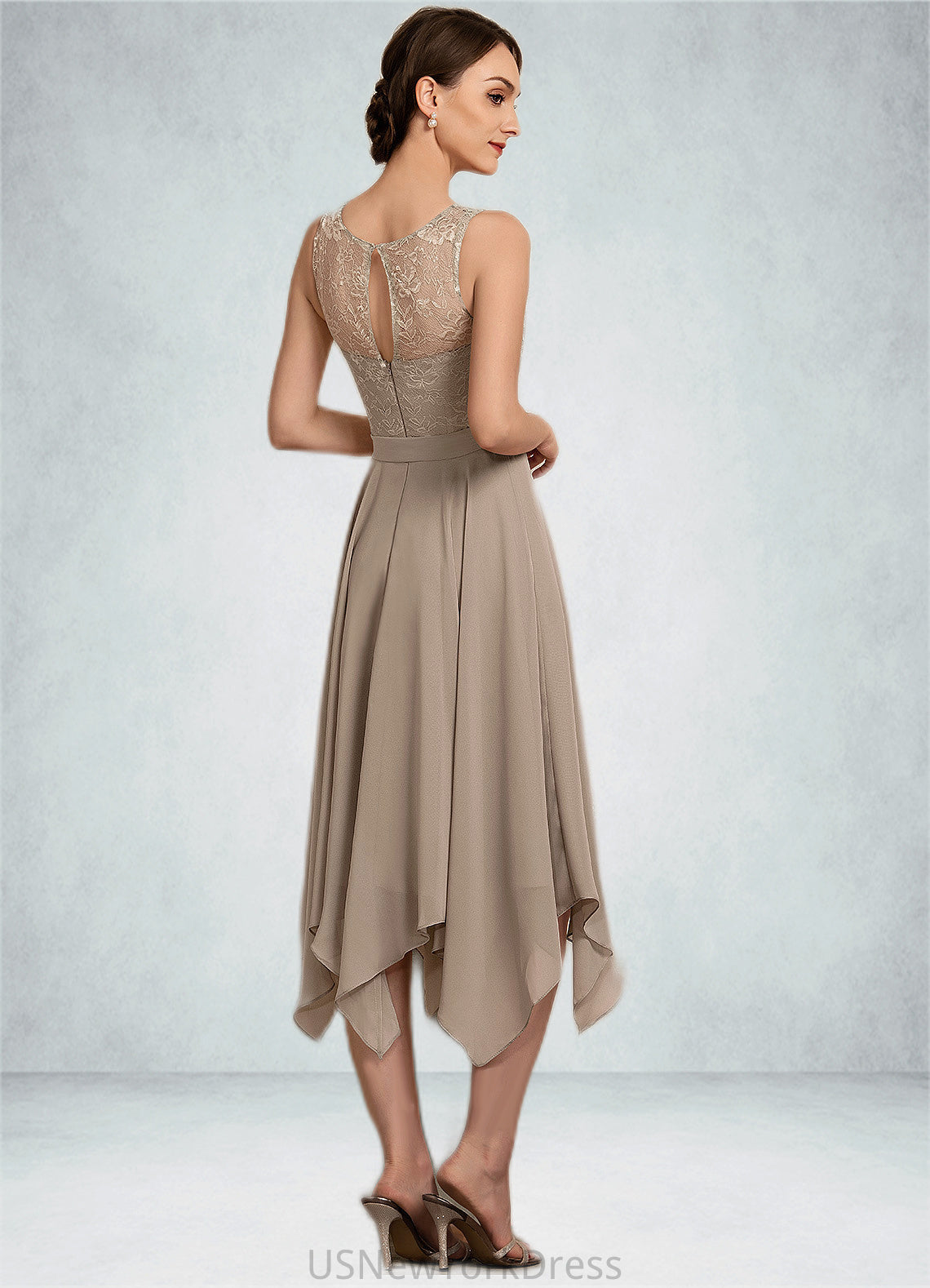 Averi A-Line Scoop Neck Tea-Length Chiffon Lace Mother of the Bride Dress With Bow(s) DJ126P0014681