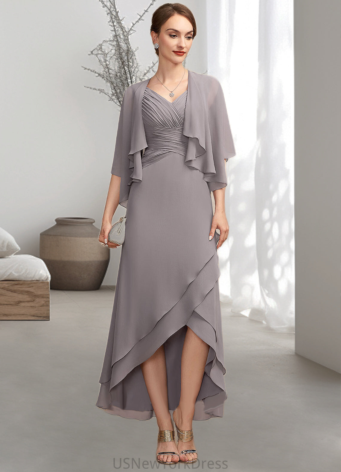 Tina A-Line V-neck Asymmetrical Chiffon Mother of the Bride Dress With Ruffle DJ126P0014682