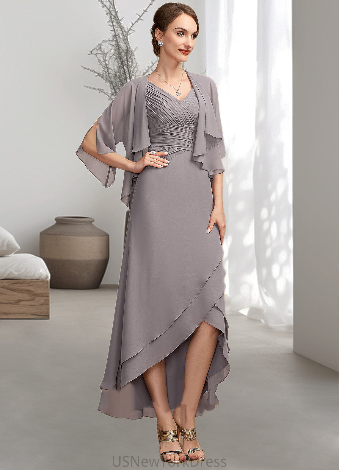 Tina A-Line V-neck Asymmetrical Chiffon Mother of the Bride Dress With Ruffle DJ126P0014682