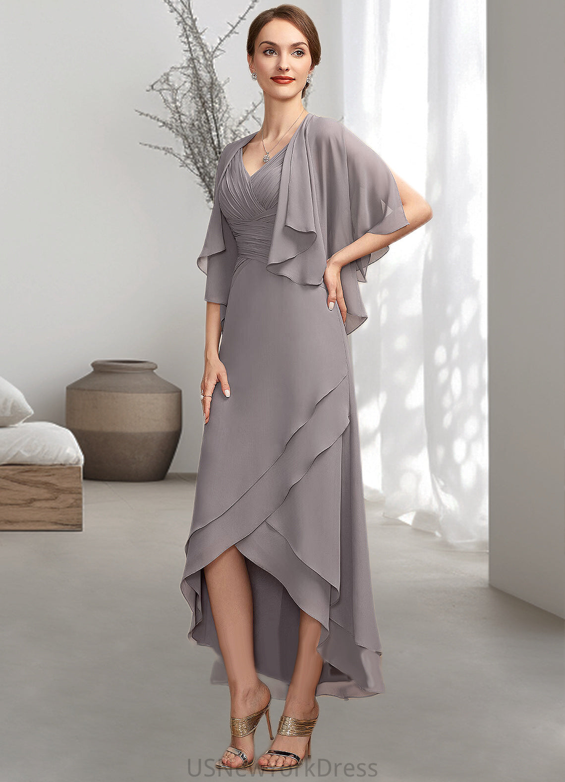 Tina A-Line V-neck Asymmetrical Chiffon Mother of the Bride Dress With Ruffle DJ126P0014682