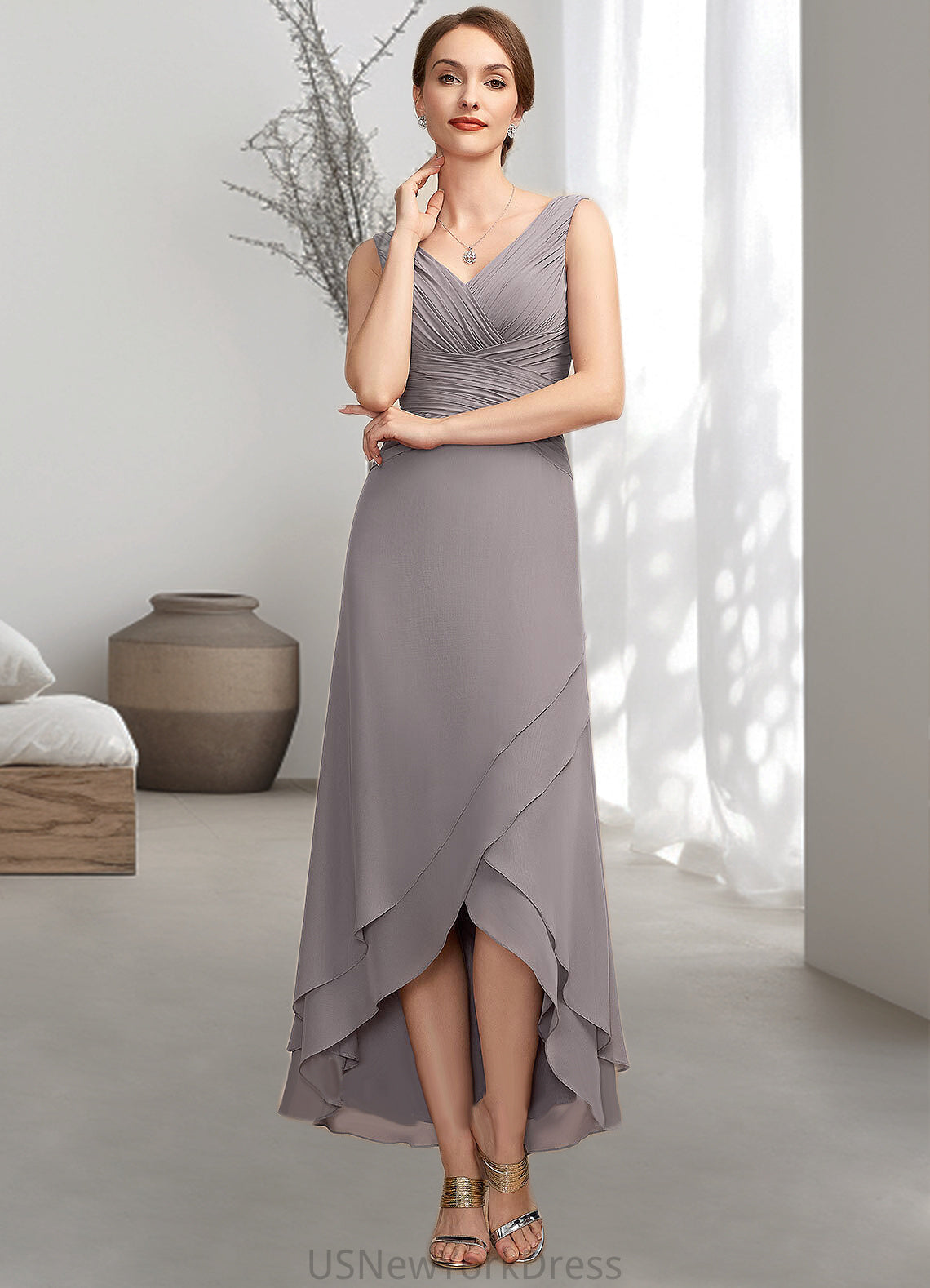 Tina A-Line V-neck Asymmetrical Chiffon Mother of the Bride Dress With Ruffle DJ126P0014682