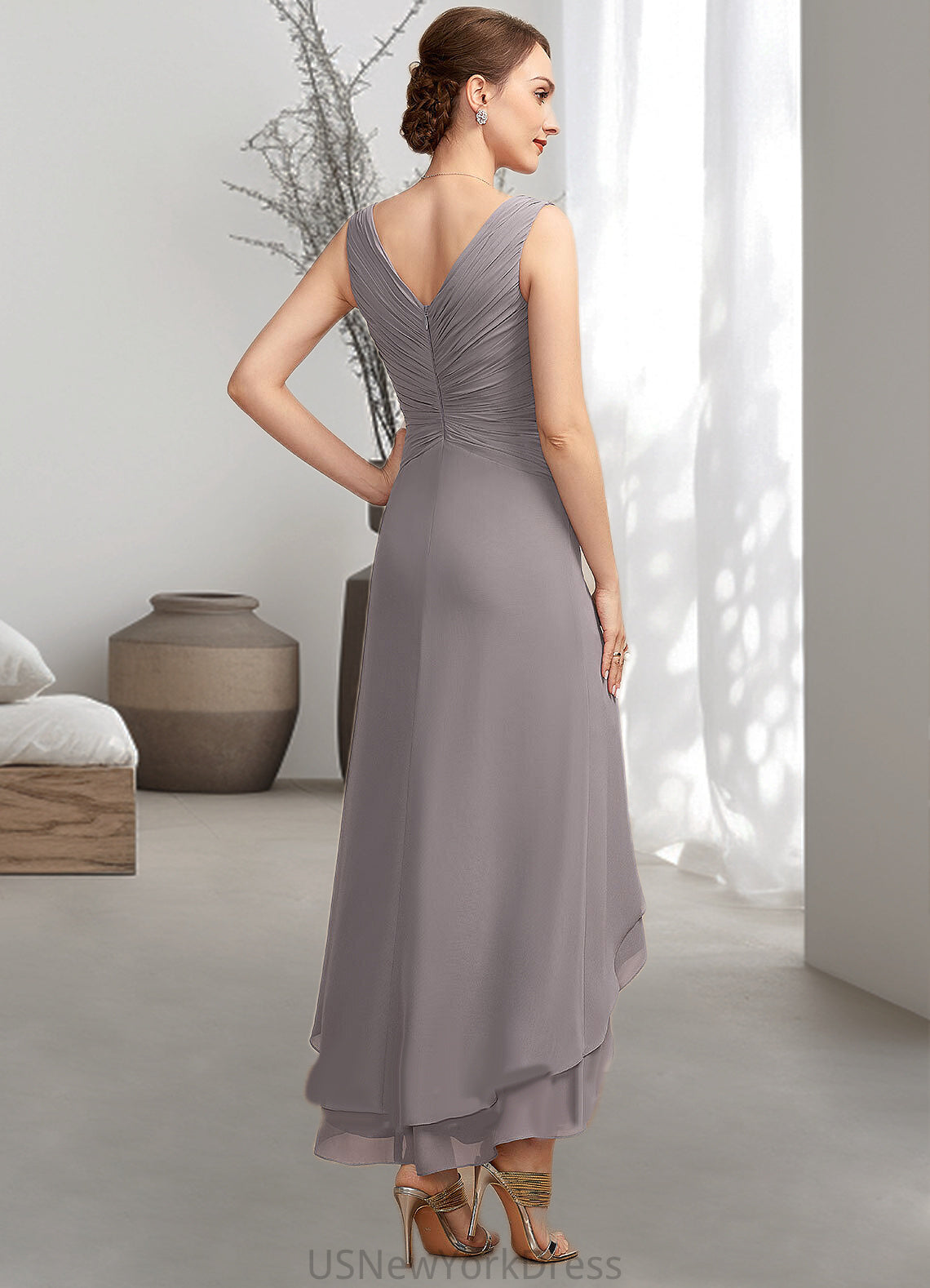 Tina A-Line V-neck Asymmetrical Chiffon Mother of the Bride Dress With Ruffle DJ126P0014682