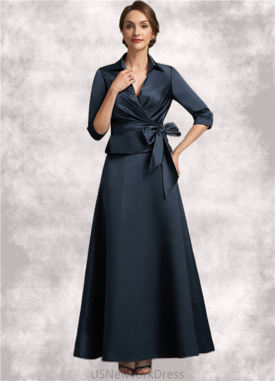 Aurora A-Line V-neck Ankle-Length Satin Mother of the Bride Dress With Bow(s) DJ126P0014683