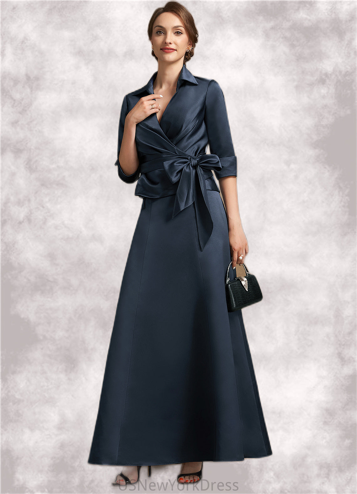 Aurora A-Line V-neck Ankle-Length Satin Mother of the Bride Dress With Bow(s) DJ126P0014683