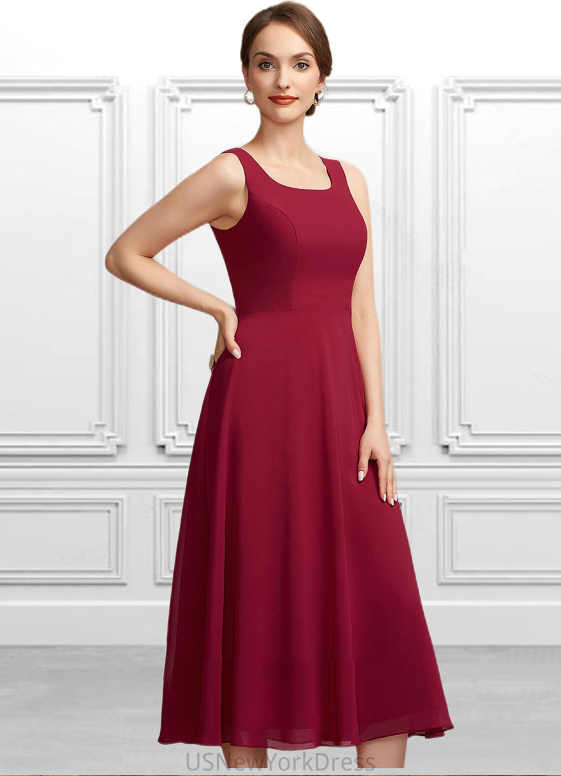 Liz A-Line Scoop Neck Tea-Length Chiffon Mother of the Bride Dress DJ126P0014684