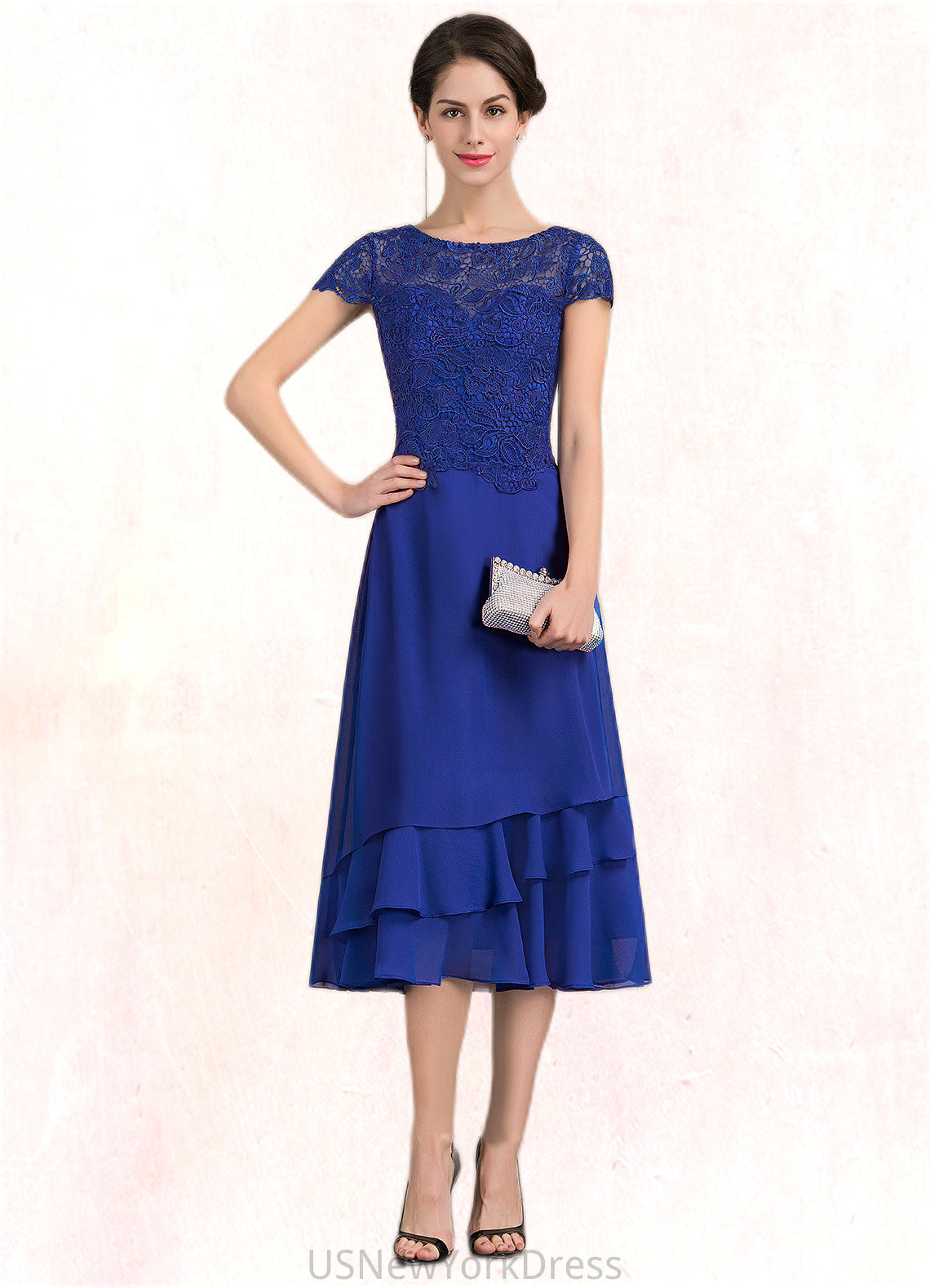 Kathryn A-Line Scoop Neck Tea-Length Chiffon Lace Mother of the Bride Dress DJ126P0014685