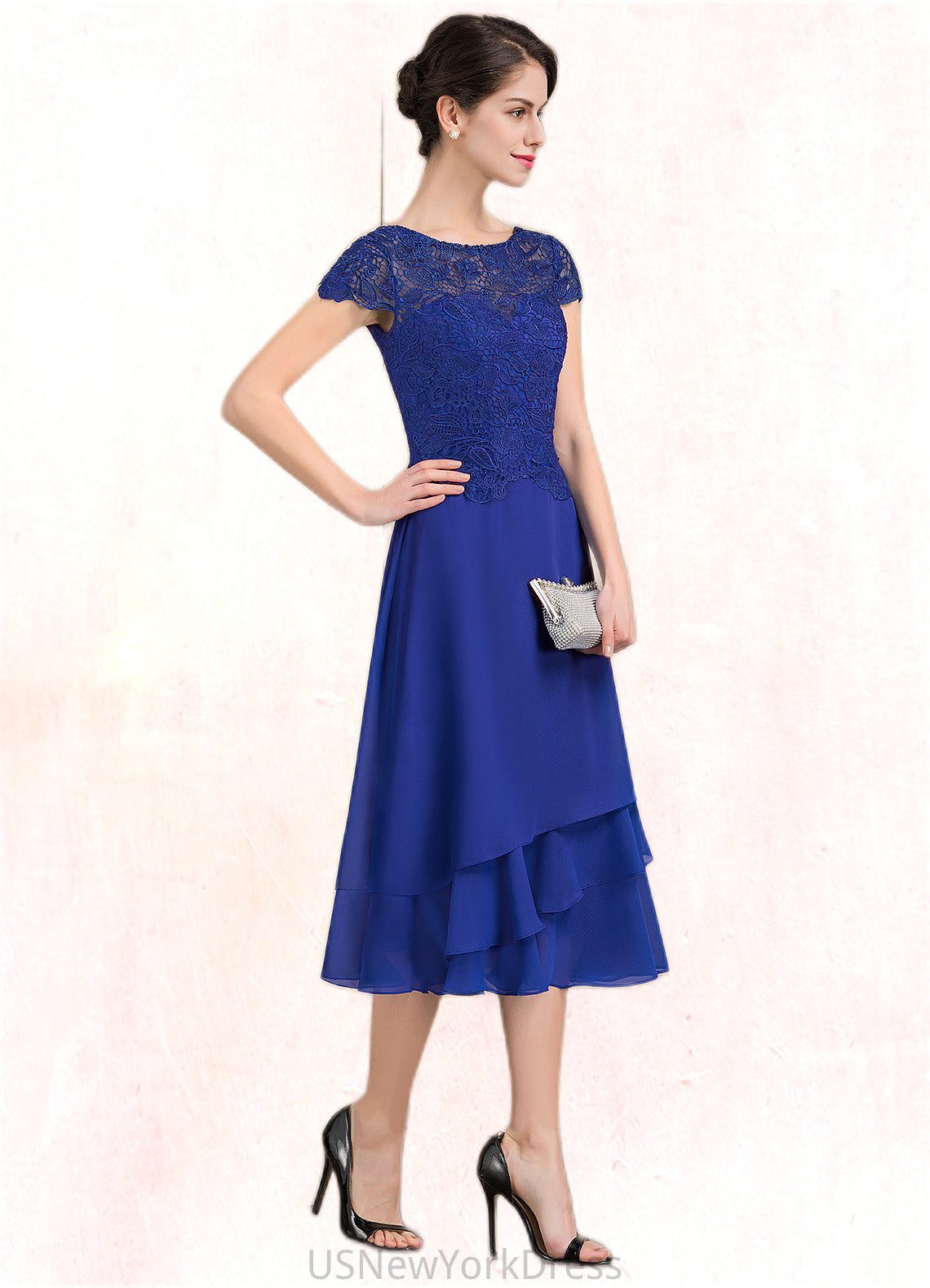 Kathryn A-Line Scoop Neck Tea-Length Chiffon Lace Mother of the Bride Dress DJ126P0014685