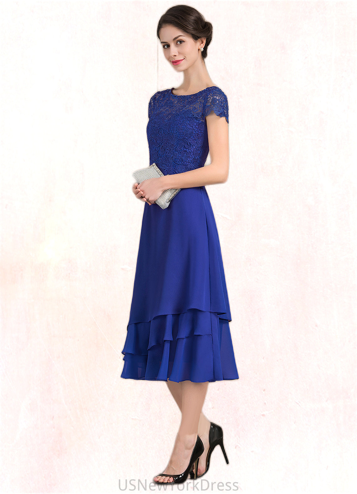 Kathryn A-Line Scoop Neck Tea-Length Chiffon Lace Mother of the Bride Dress DJ126P0014685