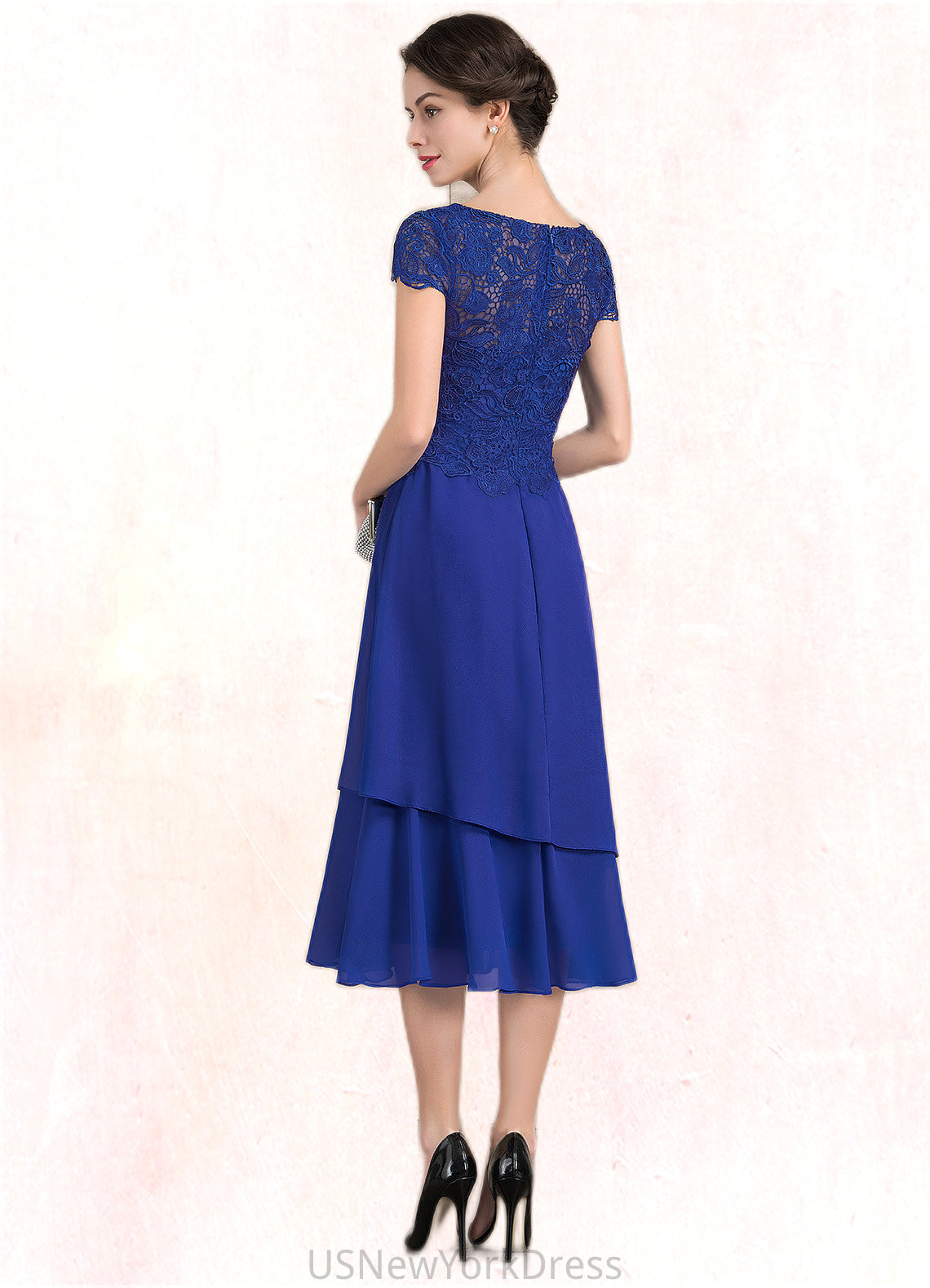 Kathryn A-Line Scoop Neck Tea-Length Chiffon Lace Mother of the Bride Dress DJ126P0014685