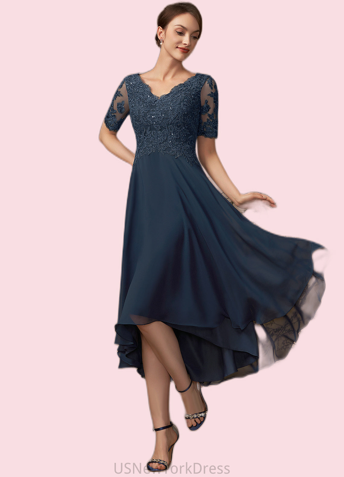 Belinda A-line V-Neck Asymmetrical Chiffon Lace Mother of the Bride Dress With Sequins DJ126P0014686