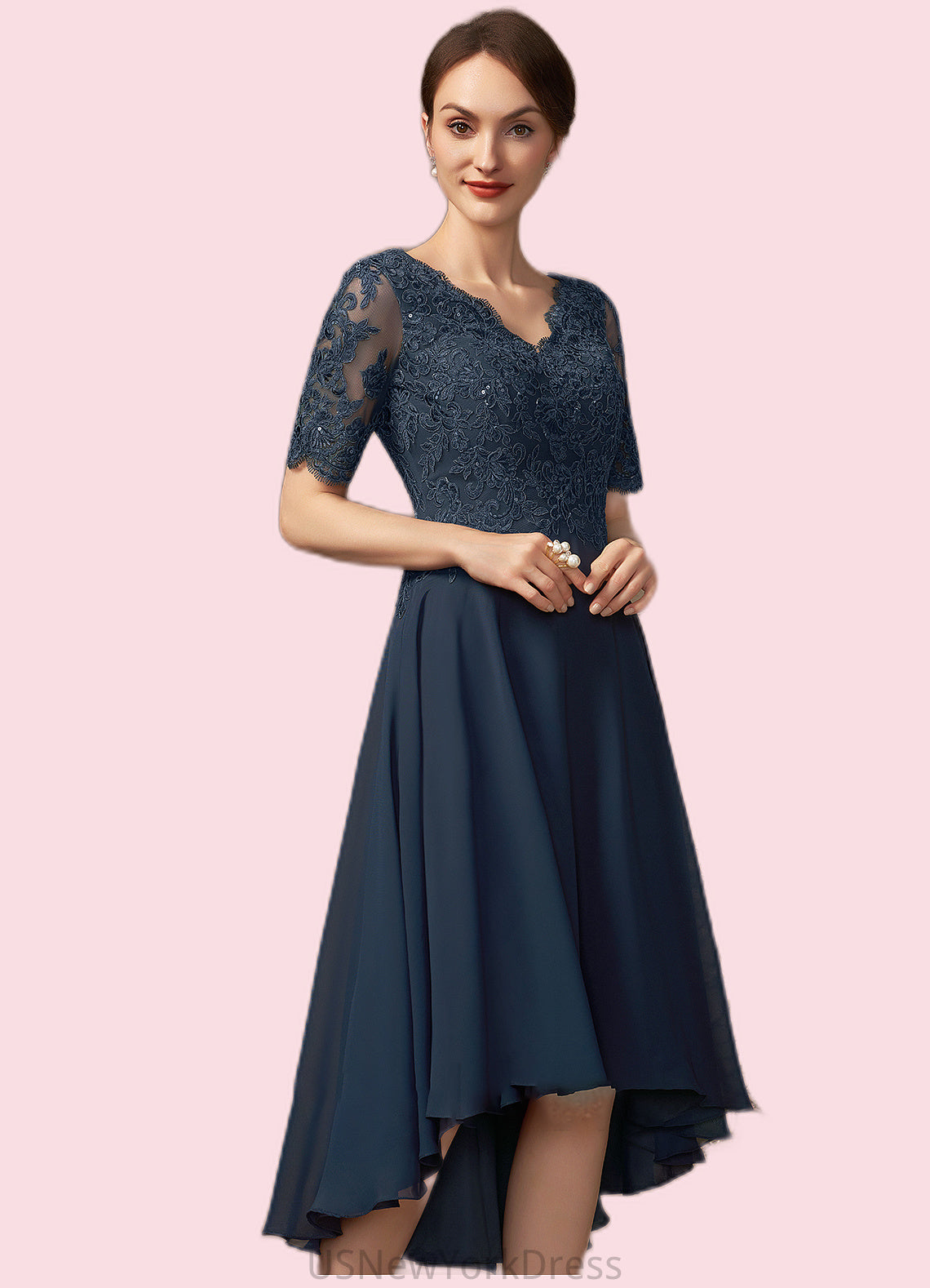 Belinda A-line V-Neck Asymmetrical Chiffon Lace Mother of the Bride Dress With Sequins DJ126P0014686