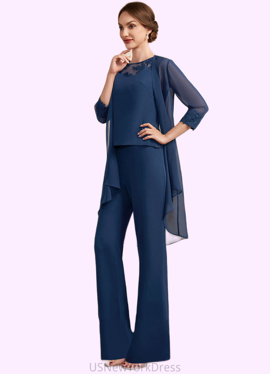 Adelaide Jumpsuit/Pantsuit Scoop Neck Floor-Length Chiffon Mother of the Bride Dress With Lace DJ126P0014687