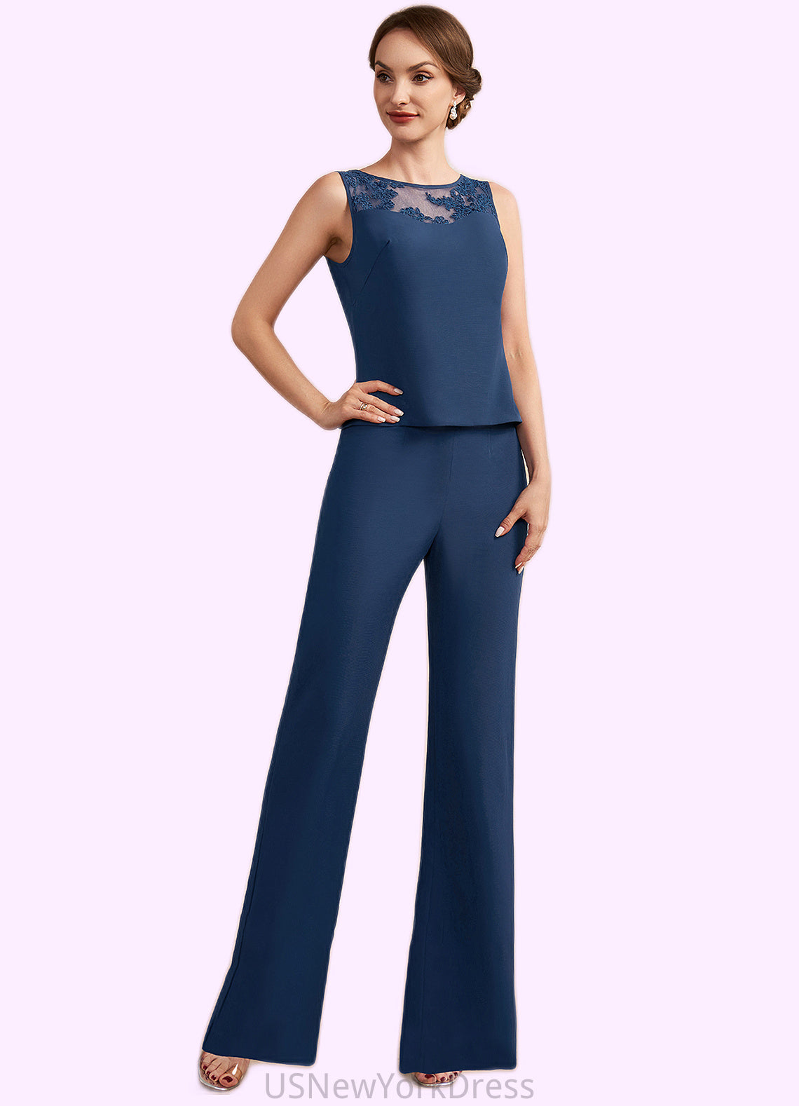 Adelaide Jumpsuit/Pantsuit Scoop Neck Floor-Length Chiffon Mother of the Bride Dress With Lace DJ126P0014687