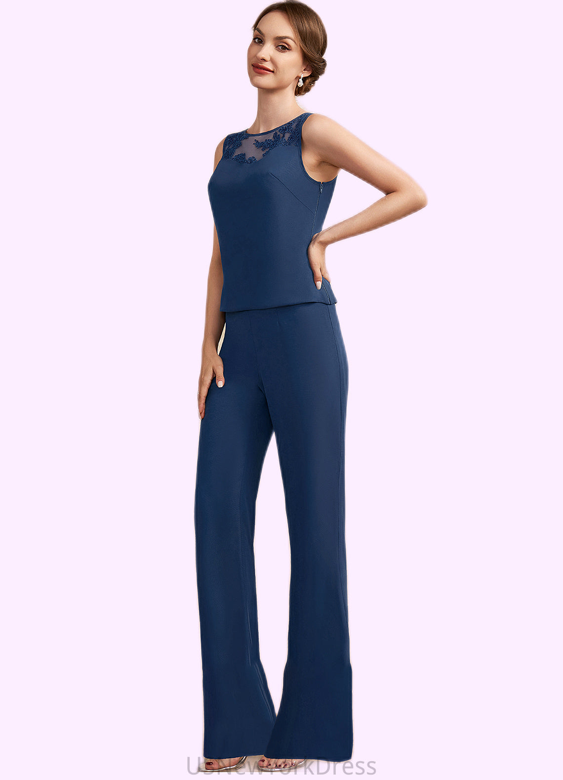 Adelaide Jumpsuit/Pantsuit Scoop Neck Floor-Length Chiffon Mother of the Bride Dress With Lace DJ126P0014687