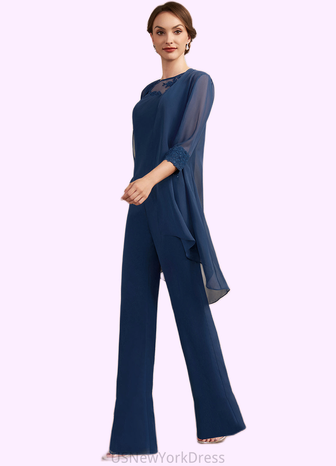 Adelaide Jumpsuit/Pantsuit Scoop Neck Floor-Length Chiffon Mother of the Bride Dress With Lace DJ126P0014687