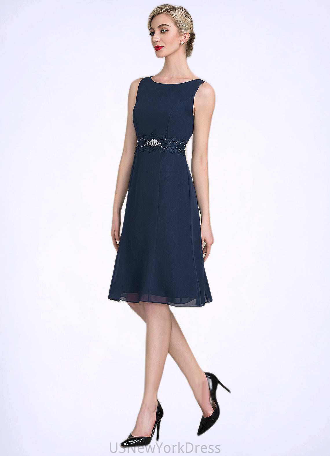 Abbigail A-Line Scoop Neck Knee-Length Chiffon Mother of the Bride Dress With Ruffle Lace Beading Sequins DJ126P0014690