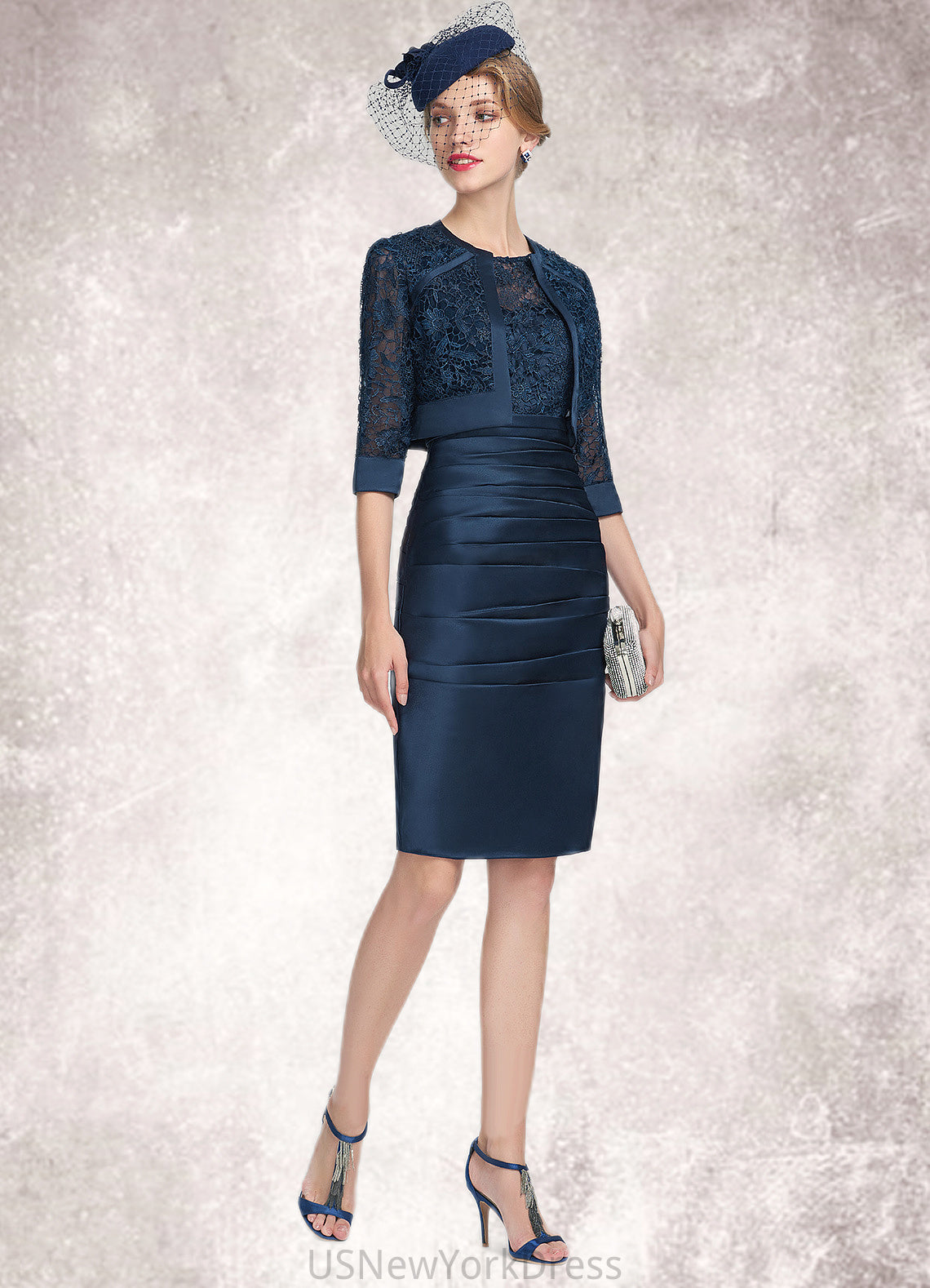 Zoe Sheath/Column Scoop Neck Knee-Length Satin Lace Mother of the Bride Dress With Ruffle DJ126P0014693