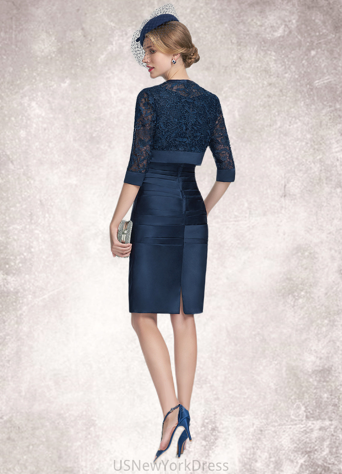 Zoe Sheath/Column Scoop Neck Knee-Length Satin Lace Mother of the Bride Dress With Ruffle DJ126P0014693