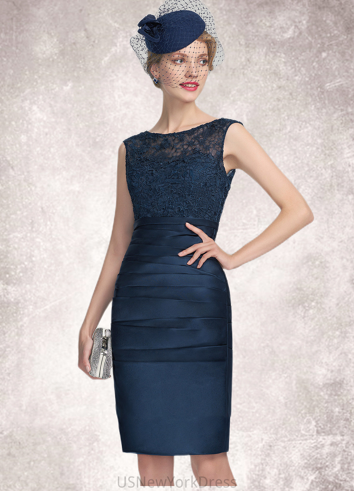 Zoe Sheath/Column Scoop Neck Knee-Length Satin Lace Mother of the Bride Dress With Ruffle DJ126P0014693