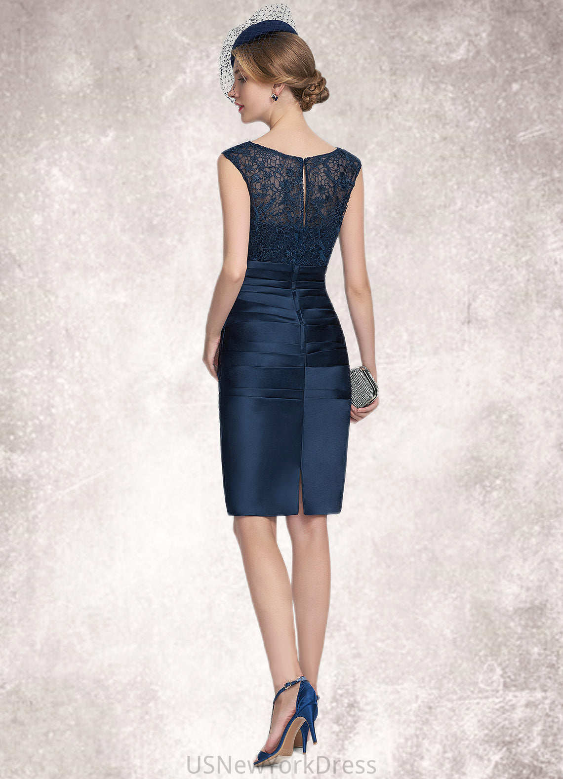 Zoe Sheath/Column Scoop Neck Knee-Length Satin Lace Mother of the Bride Dress With Ruffle DJ126P0014693