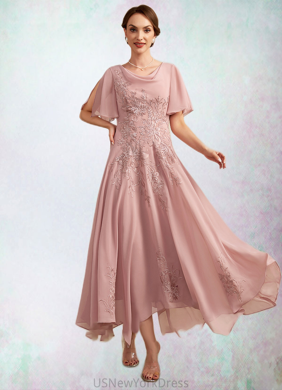 Maureen A-Line Cowl Neck Ankle-Length Chiffon Lace Mother of the Bride Dress DJ126P0014696