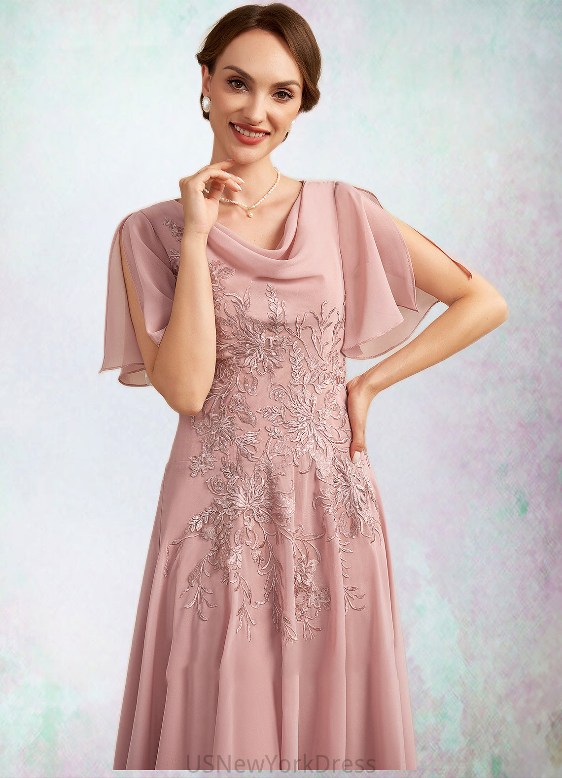 Maureen A-Line Cowl Neck Ankle-Length Chiffon Lace Mother of the Bride Dress DJ126P0014696