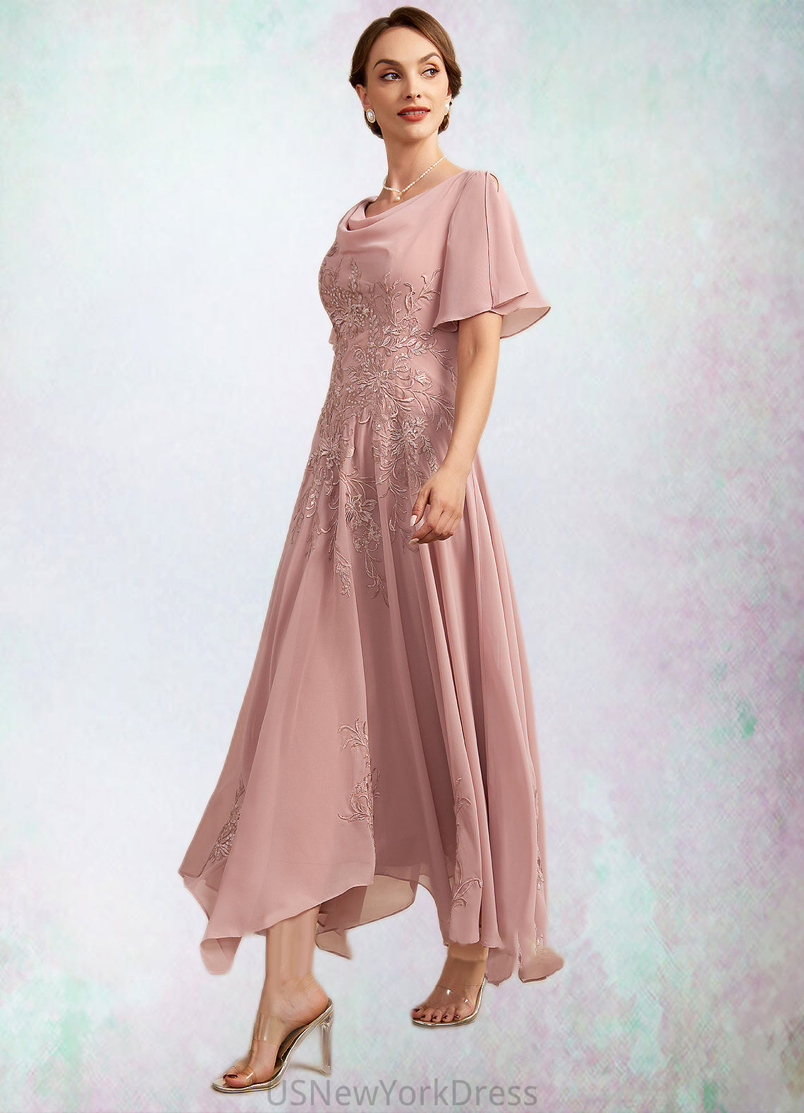 Maureen A-Line Cowl Neck Ankle-Length Chiffon Lace Mother of the Bride Dress DJ126P0014696