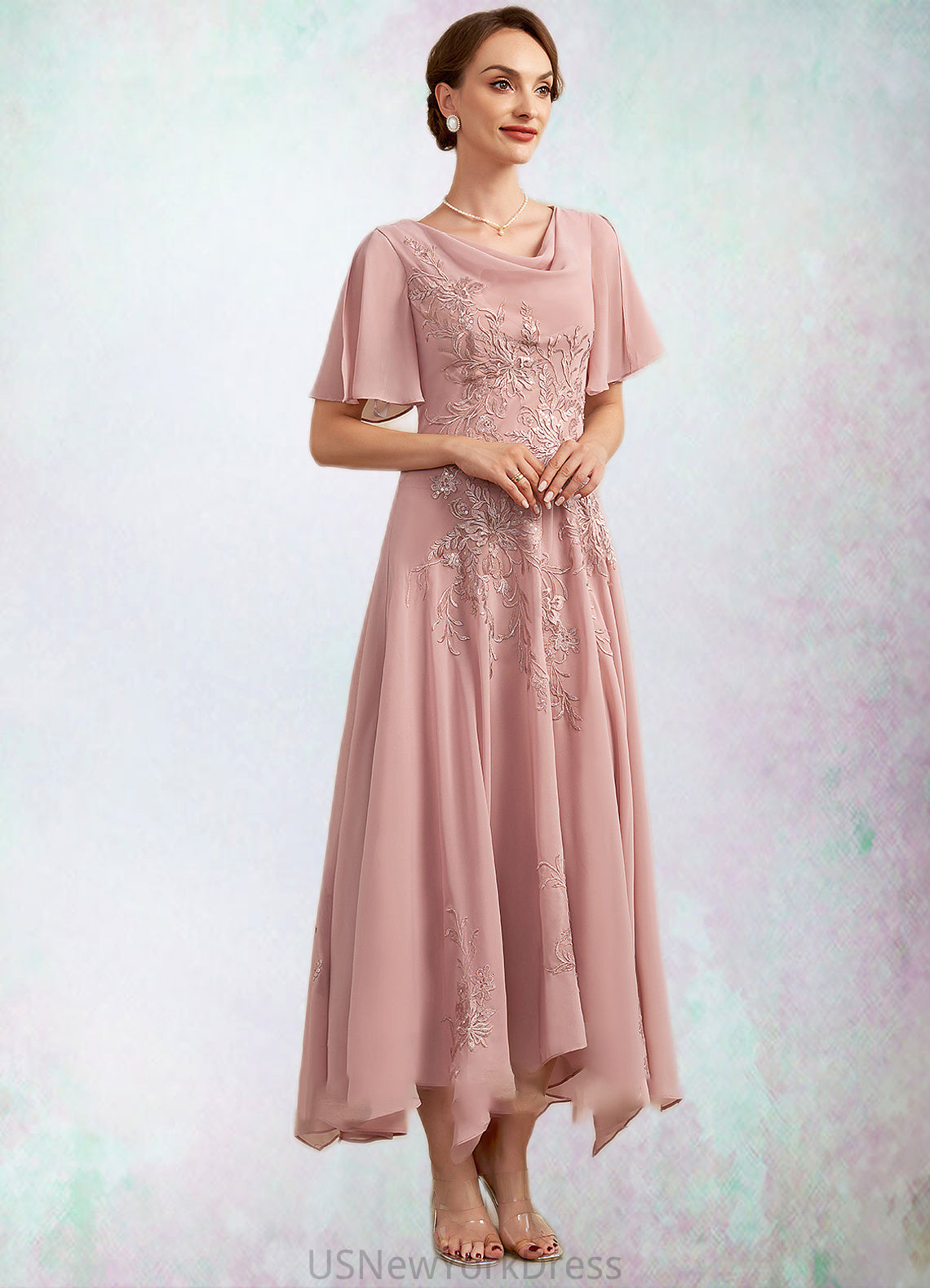 Maureen A-Line Cowl Neck Ankle-Length Chiffon Lace Mother of the Bride Dress DJ126P0014696