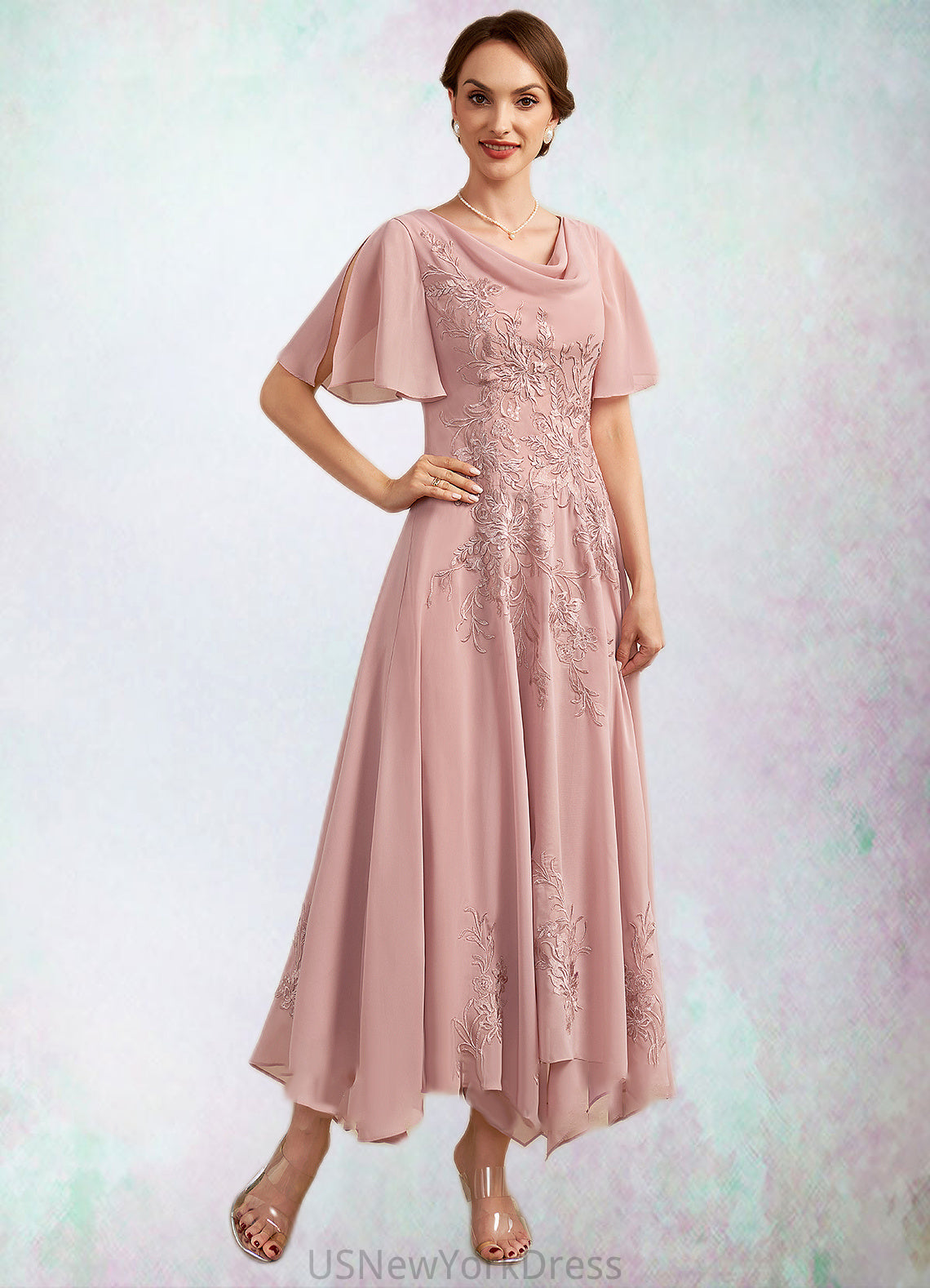 Maureen A-Line Cowl Neck Ankle-Length Chiffon Lace Mother of the Bride Dress DJ126P0014696