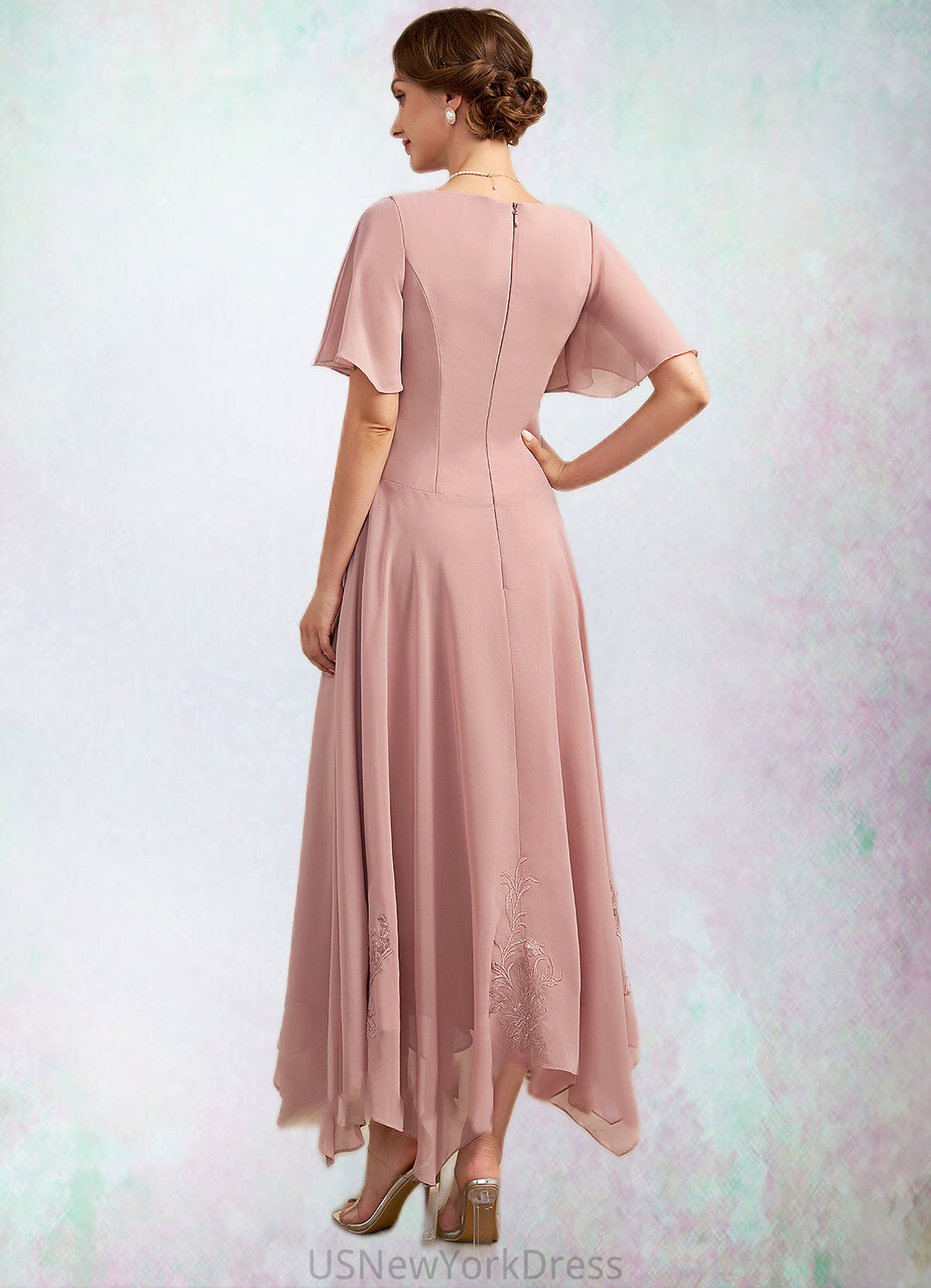 Maureen A-Line Cowl Neck Ankle-Length Chiffon Lace Mother of the Bride Dress DJ126P0014696