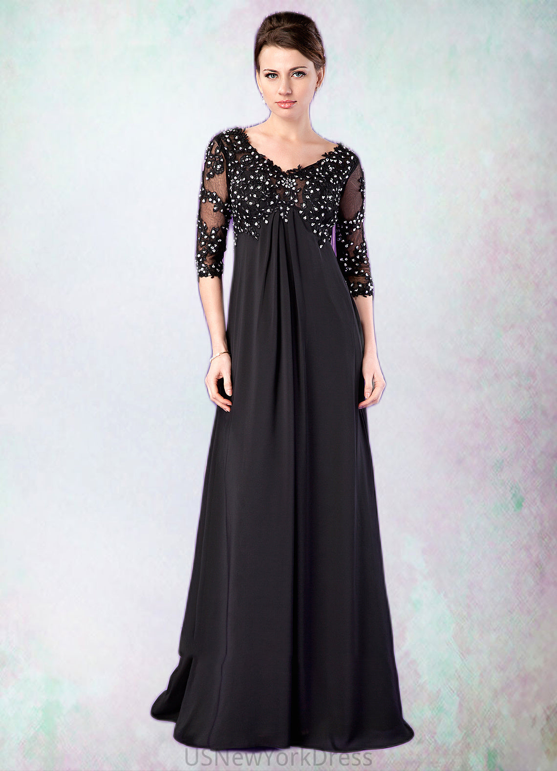 Delaney Empire V-neck Sweep Train Chiffon Mother of the Bride Dress With Lace Beading DJ126P0014697