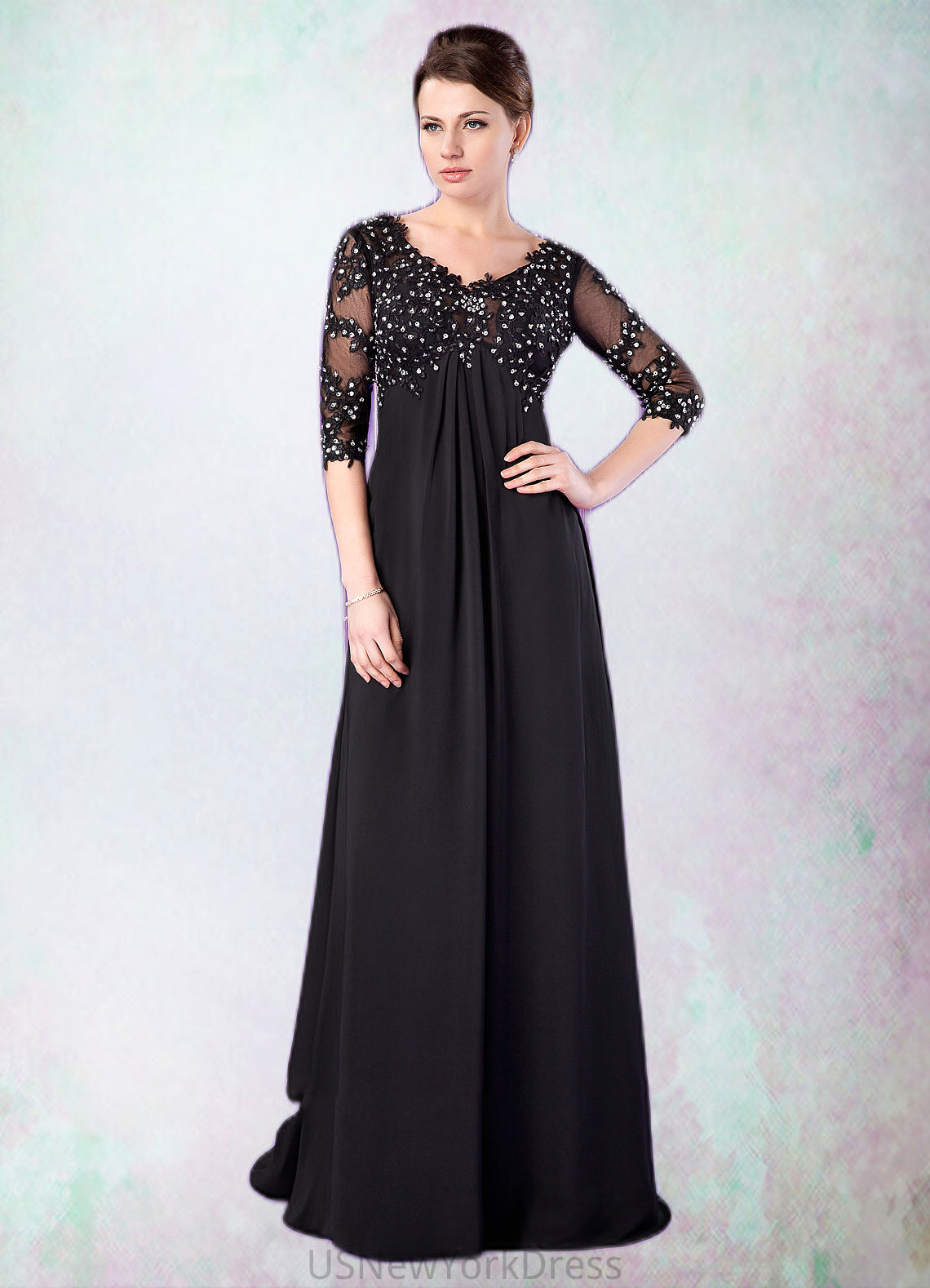 Delaney Empire V-neck Sweep Train Chiffon Mother of the Bride Dress With Lace Beading DJ126P0014697