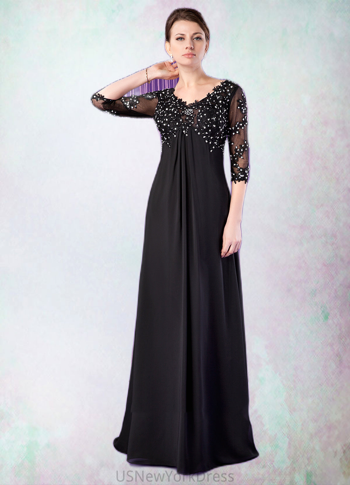 Delaney Empire V-neck Sweep Train Chiffon Mother of the Bride Dress With Lace Beading DJ126P0014697