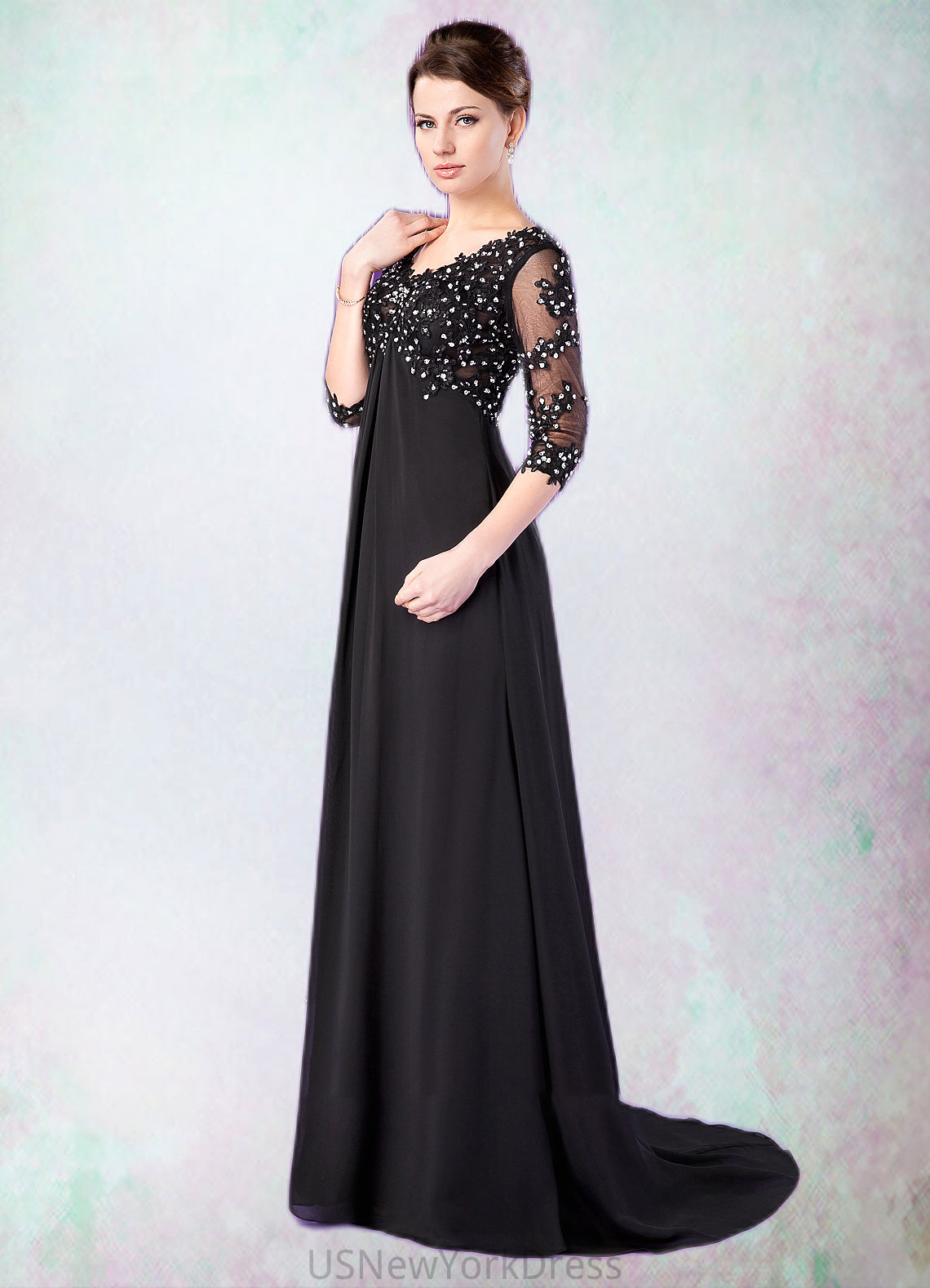 Delaney Empire V-neck Sweep Train Chiffon Mother of the Bride Dress With Lace Beading DJ126P0014697