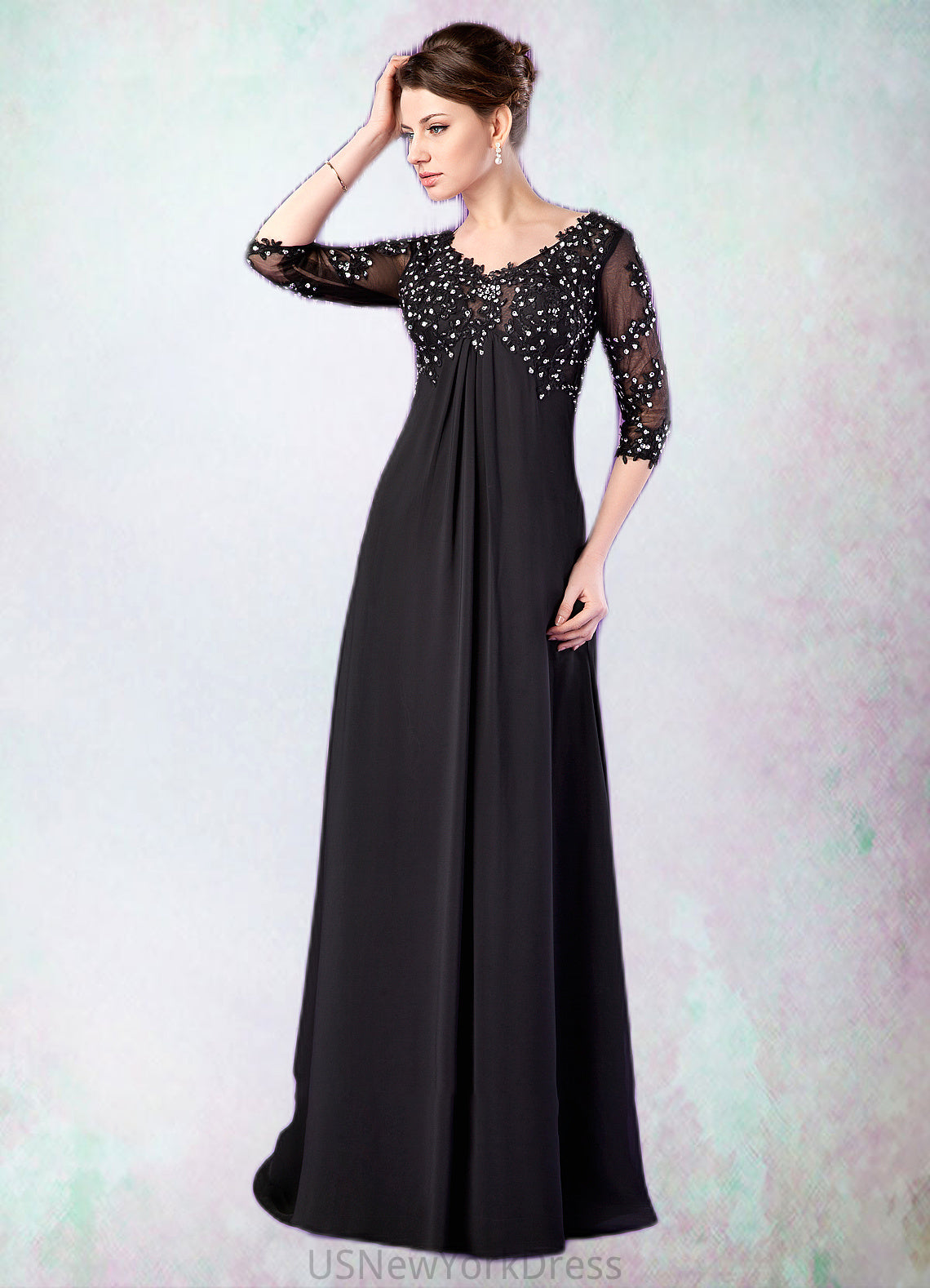 Delaney Empire V-neck Sweep Train Chiffon Mother of the Bride Dress With Lace Beading DJ126P0014697