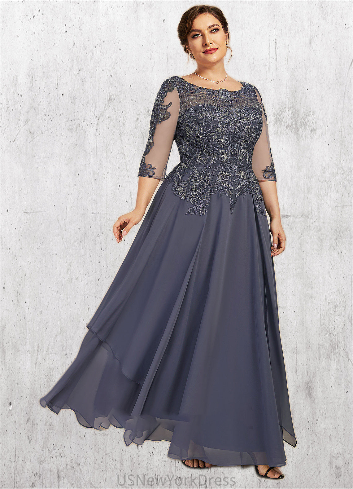 Ava A-Line Scoop Neck Ankle-Length Chiffon Lace Mother of the Bride Dress With Cascading Ruffles DJ126P0014698