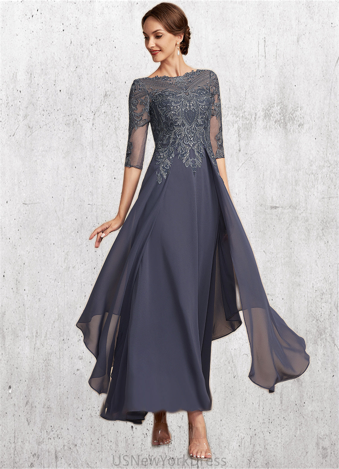 Ava A-Line Scoop Neck Ankle-Length Chiffon Lace Mother of the Bride Dress With Cascading Ruffles DJ126P0014698