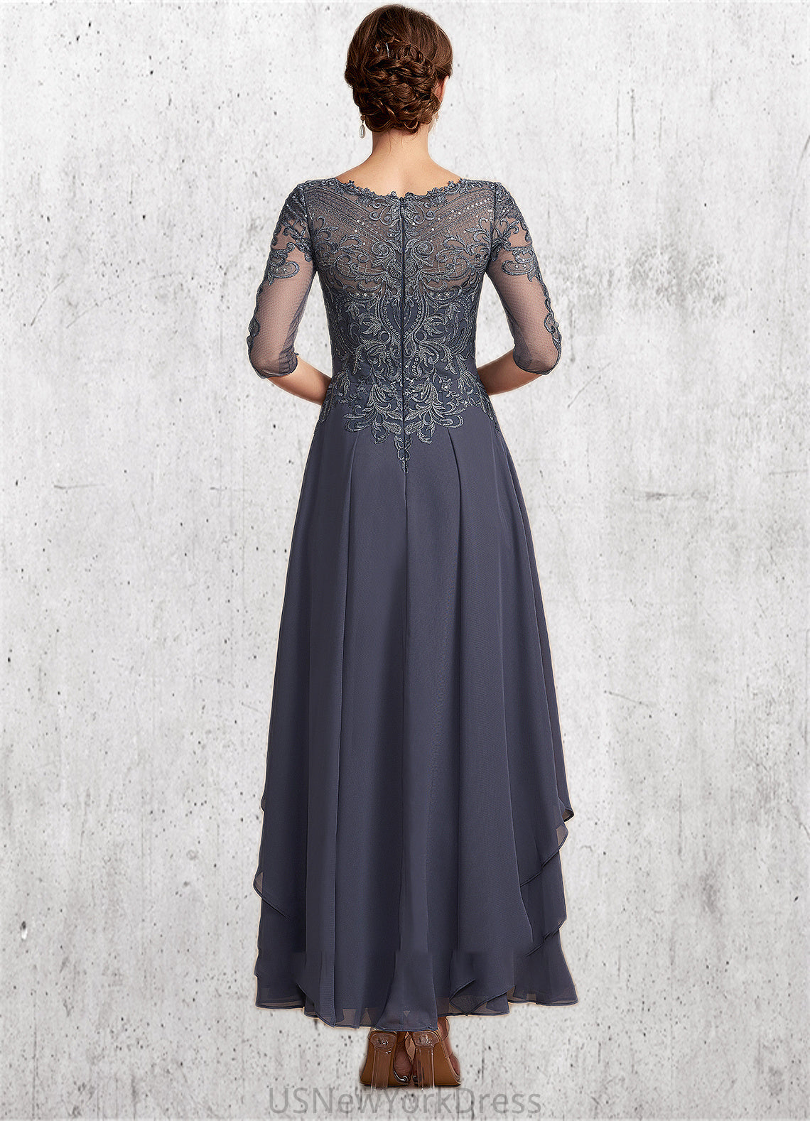 Ava A-Line Scoop Neck Ankle-Length Chiffon Lace Mother of the Bride Dress With Cascading Ruffles DJ126P0014698