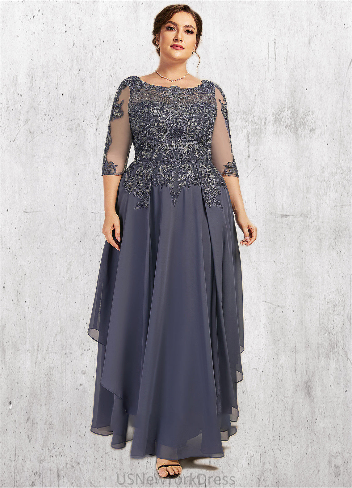 Ava A-Line Scoop Neck Ankle-Length Chiffon Lace Mother of the Bride Dress With Cascading Ruffles DJ126P0014698