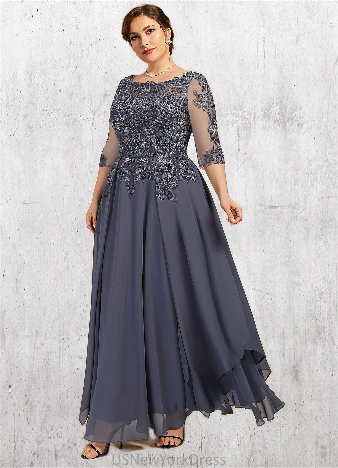 Ava A-Line Scoop Neck Ankle-Length Chiffon Lace Mother of the Bride Dress With Cascading Ruffles DJ126P0014698