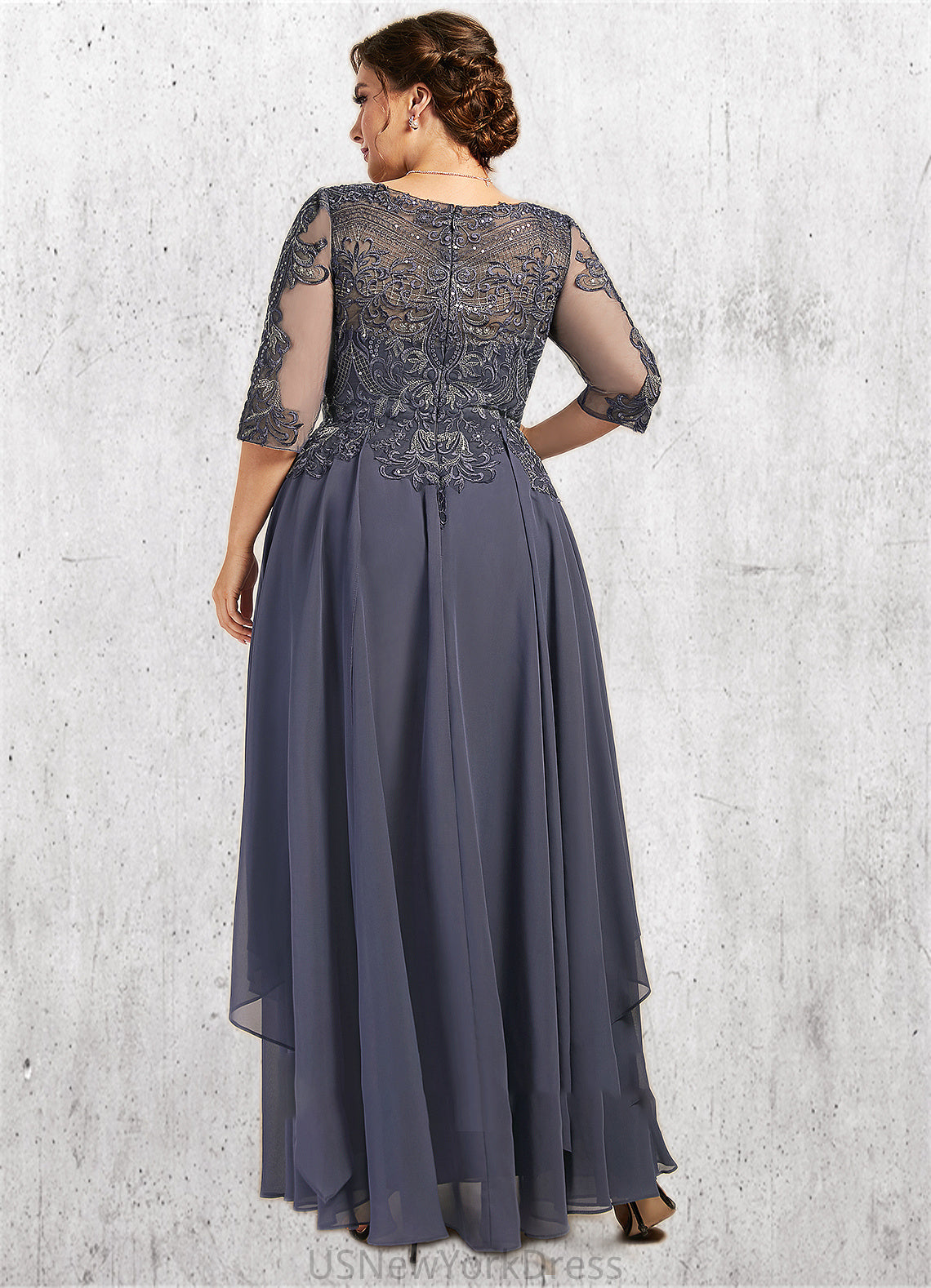 Ava A-Line Scoop Neck Ankle-Length Chiffon Lace Mother of the Bride Dress With Cascading Ruffles DJ126P0014698