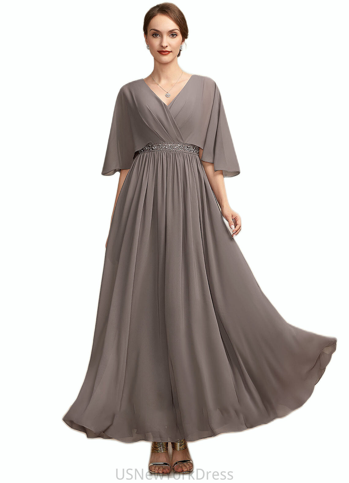 Amari A-Line V-neck Ankle-Length Chiffon Mother of the Bride Dress With Ruffle Beading DJ126P0014723