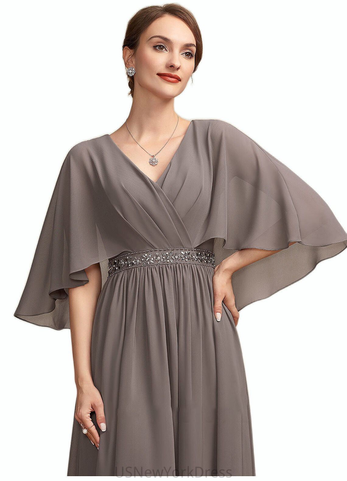 Amari A-Line V-neck Ankle-Length Chiffon Mother of the Bride Dress With Ruffle Beading DJ126P0014723