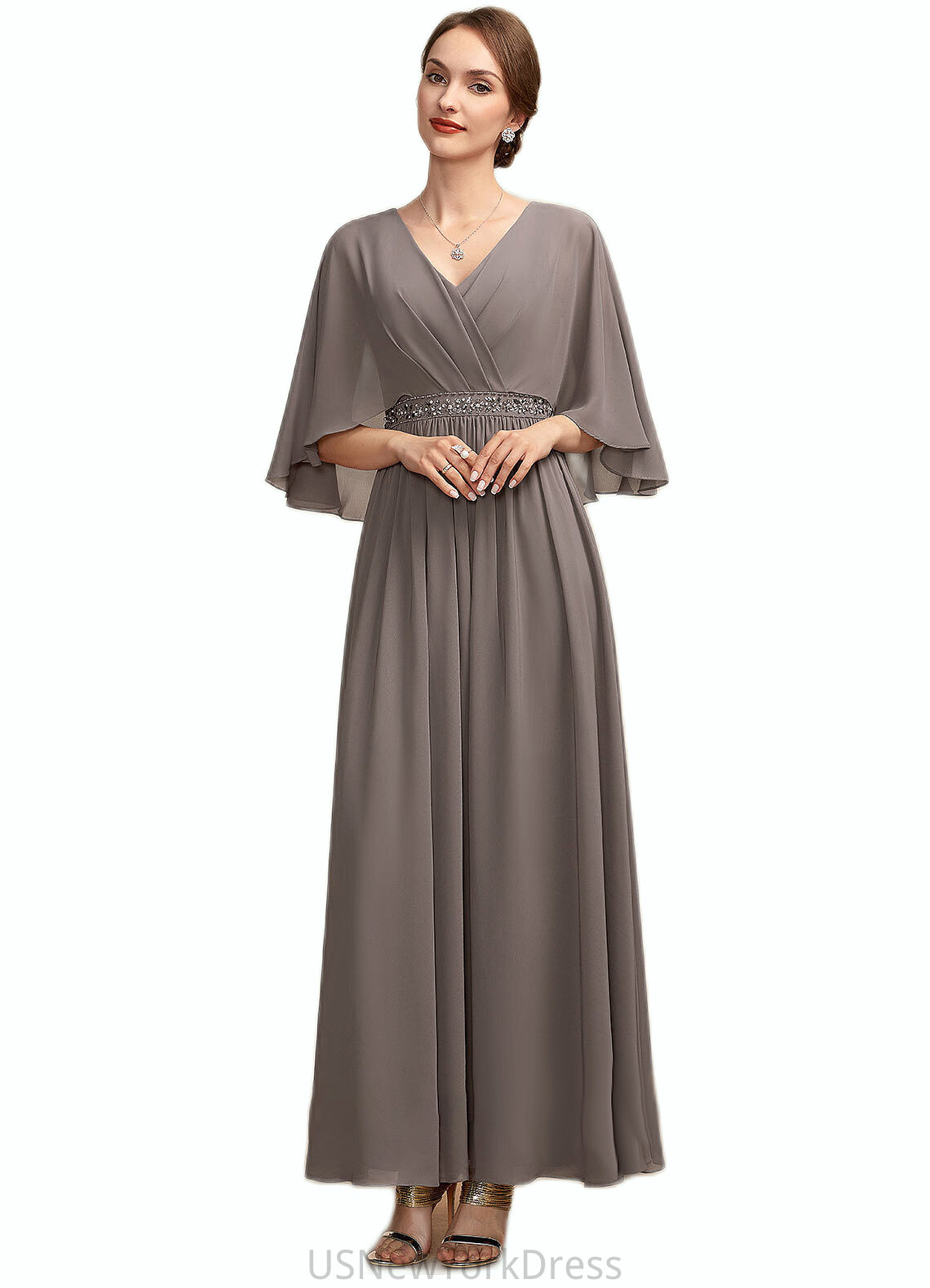 Amari A-Line V-neck Ankle-Length Chiffon Mother of the Bride Dress With Ruffle Beading DJ126P0014723